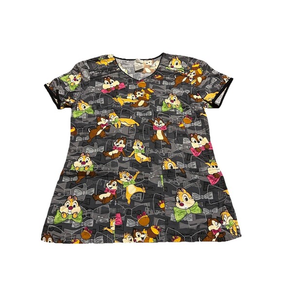 Disney Chip ‘n Dale Scrub Top Women’s Small Gray Cartoon Bow Tie Print V-Neck - Picture 1 of 6